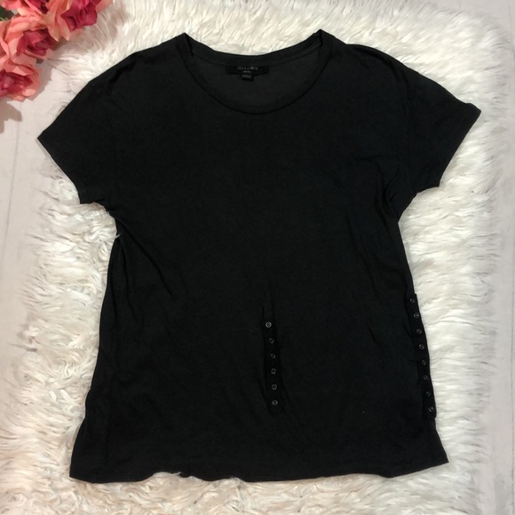 All Saints Tops - All Saints Kyrie Black Crewneck Cotton Button Front Detail Tee